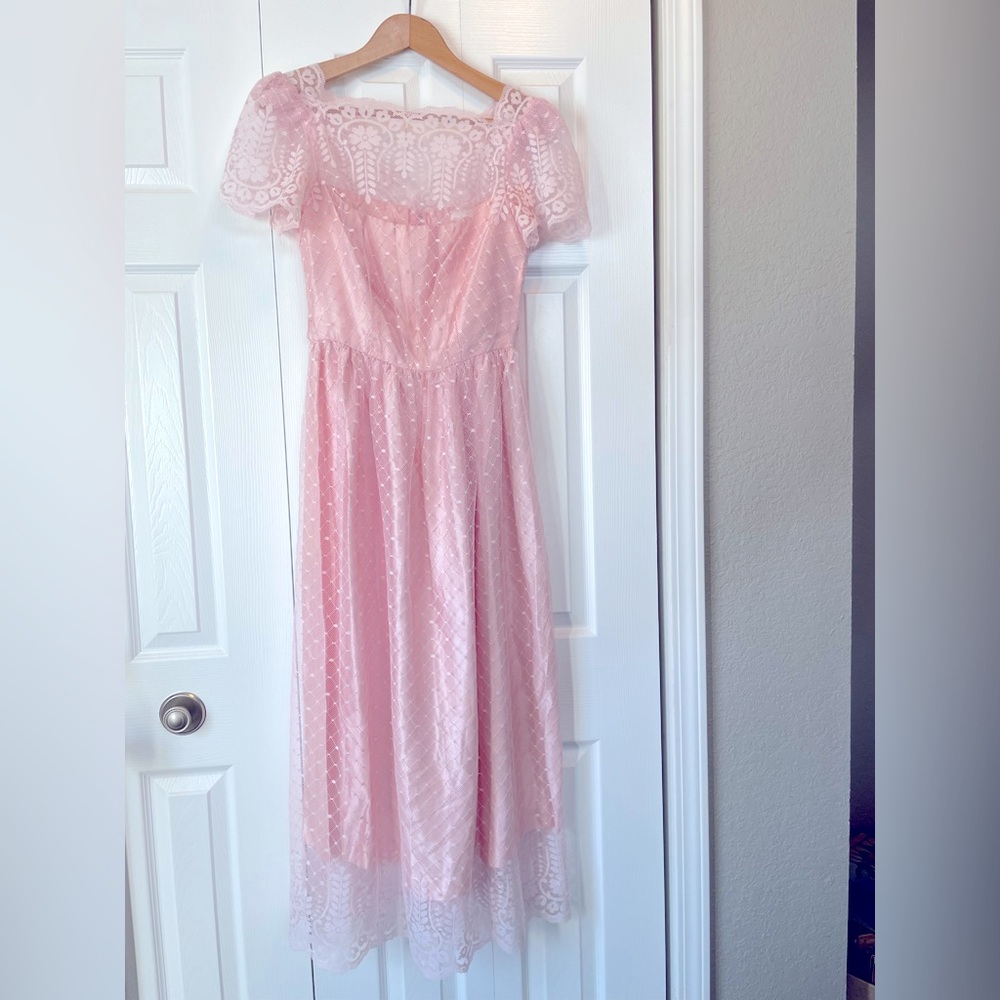 Vintage 70s Pink Lace Midi Prom Dress Size Large (9/10) JC Penney Made In USA